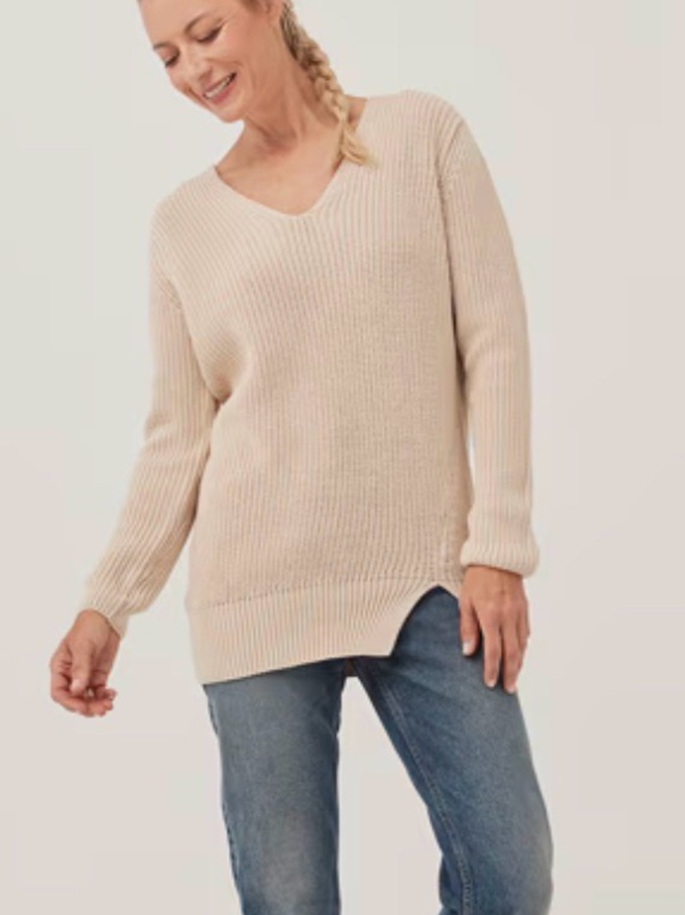 PACT Double V Neck Tunic Sweater Sz SMALL Sandshell Beige 100% Organic Cotton